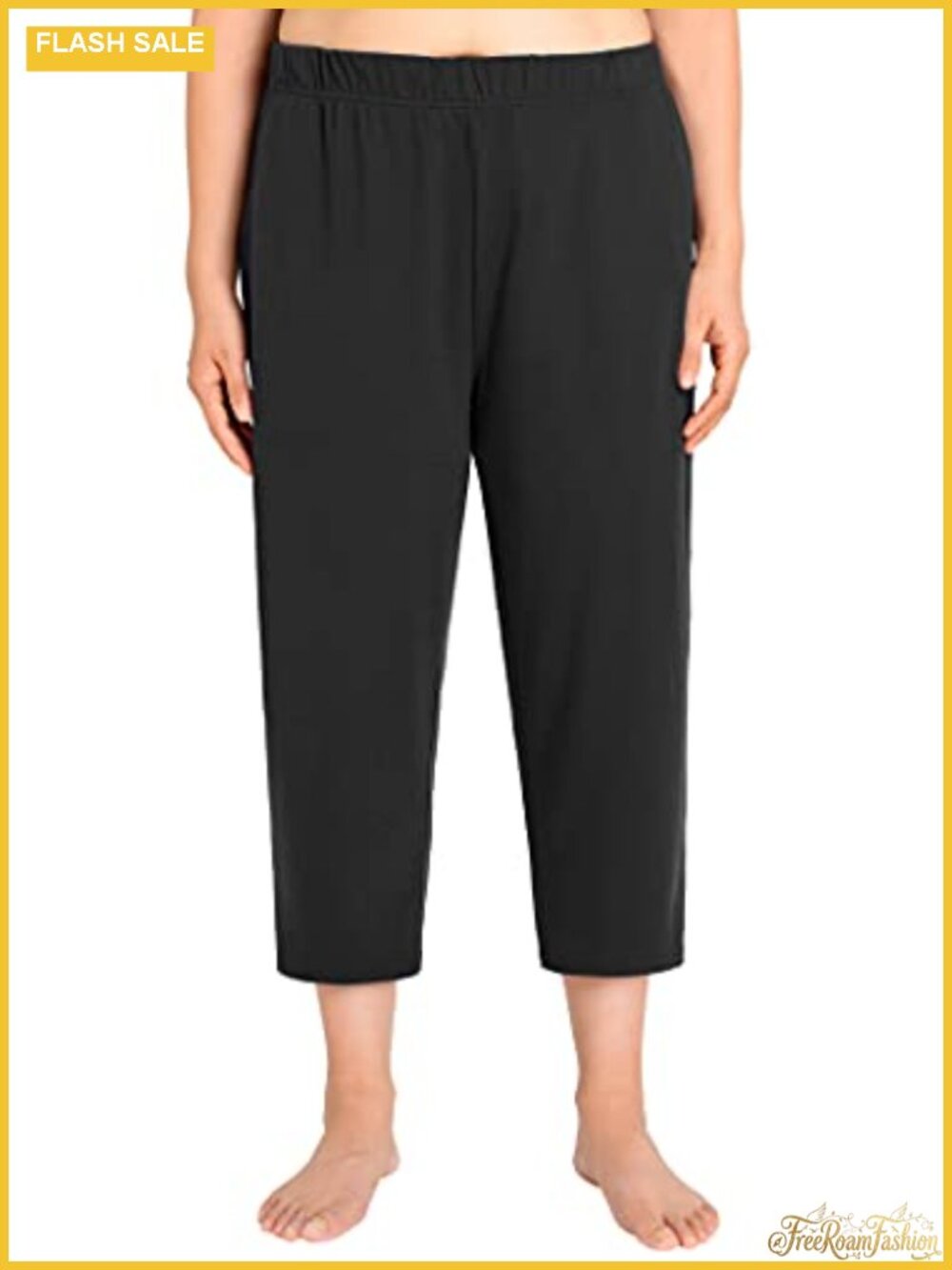 Plus Size Cotton Knit Capri Pants with Pockets Elastic Waist Casual Crop